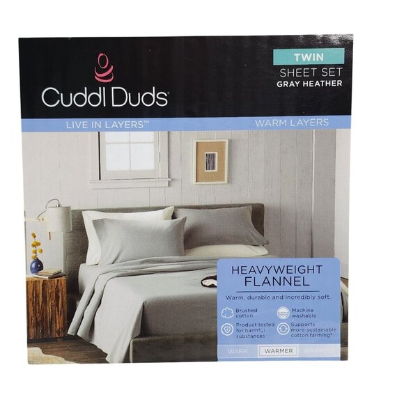 Cuddl Duds Heavyweight Cotton Flannel Twin Sheet Set Gray Heather Sheets New - Picture 3 of 6